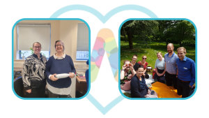 Charley and wellbeing champion from University Hospital Plymouth holding prizes (left) and wellbeing champion having an organised picnic with team for lunch (left)