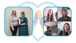 Charley and wellbeing champion from Plymouth University holding prizes (left) and virtual meeting with wellbeing champions from Sitel having an organised social event online (right)