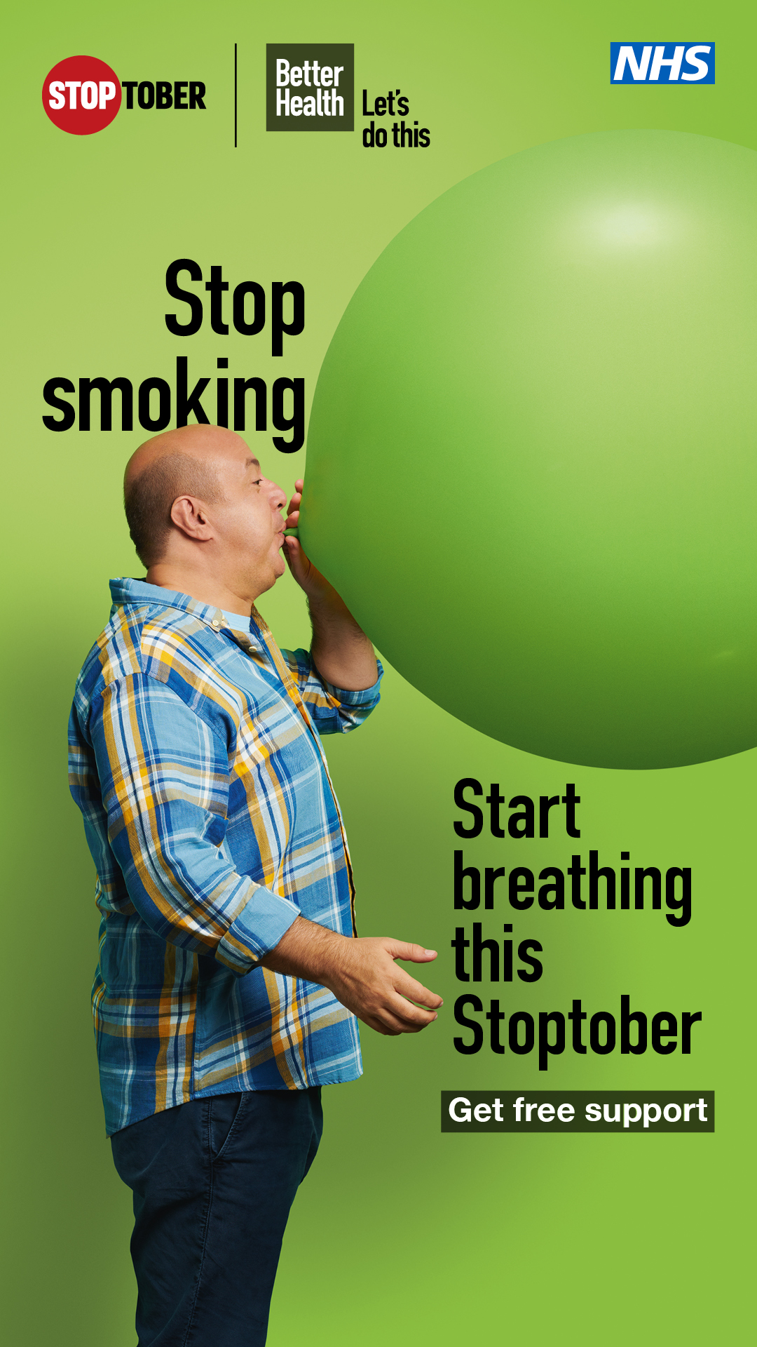 man breathing through a balloon, stoptober campaign